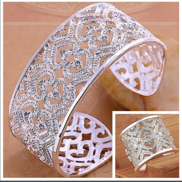 STERLING SILVER HEART HOLLOW OUT WIDE CUFF BANGLE BRACELET RING SET - Picture 15 of 15